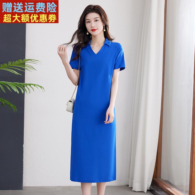 时尚鸡心翻领新款纯棉连衣裙女夏季长款t恤大码宽松短袖休闲裙子