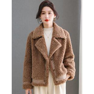 水貂绒皮草大衣外套女开衫短款西装领羊剪绒披肩单排扣宽松秋冬装