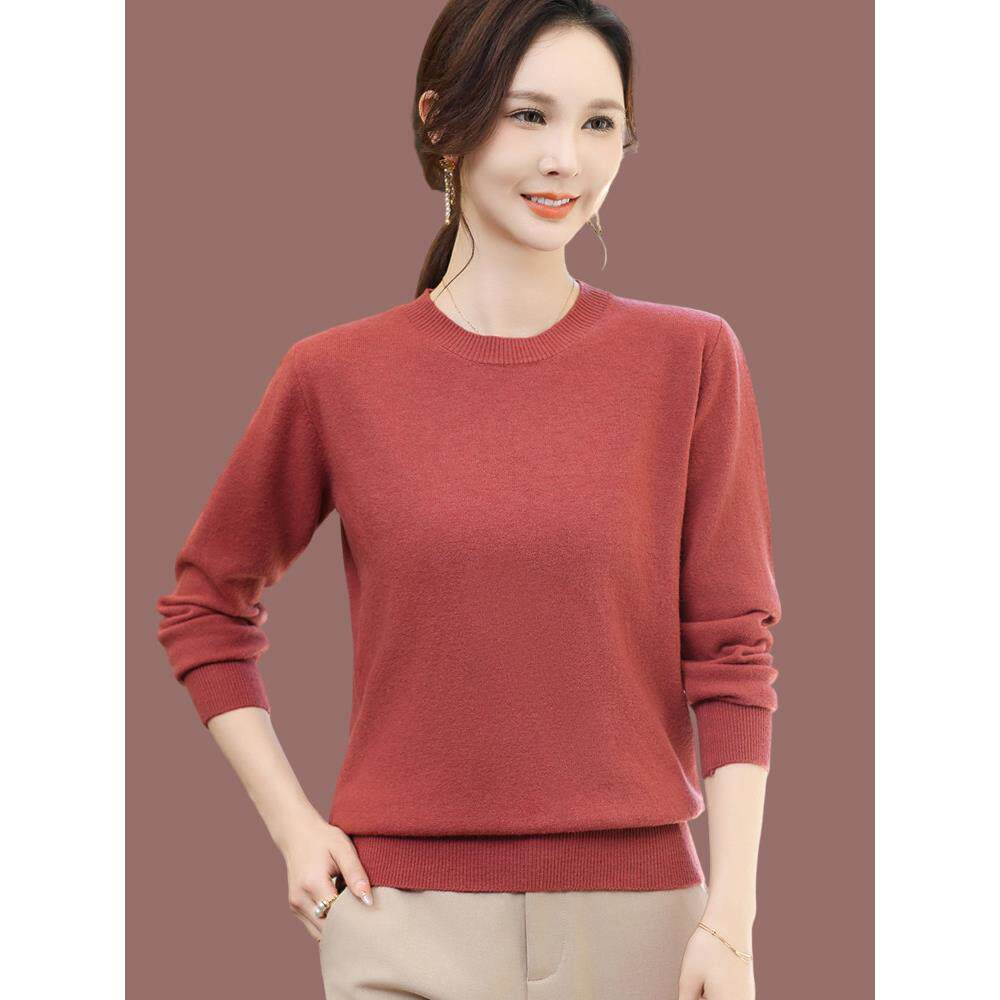 春秋新款圆领套头毛衣宽松大码百搭针织衫秋冬100纯羊毛打底衫女