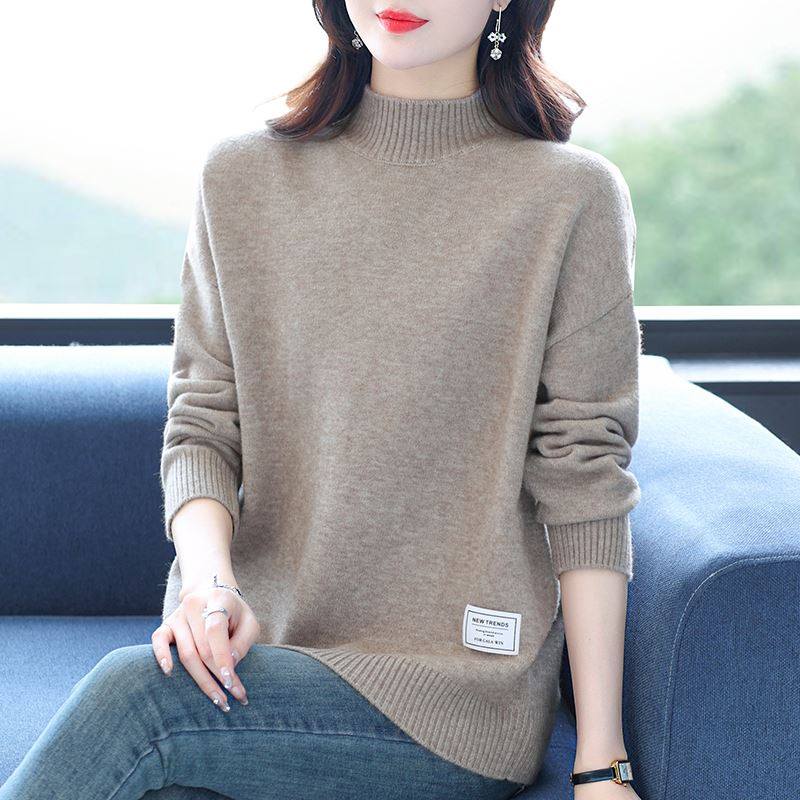 大码针织毛衣女秋冬新款宽松胖mm遮肚上衣羊毛衫半高领内搭打底衫