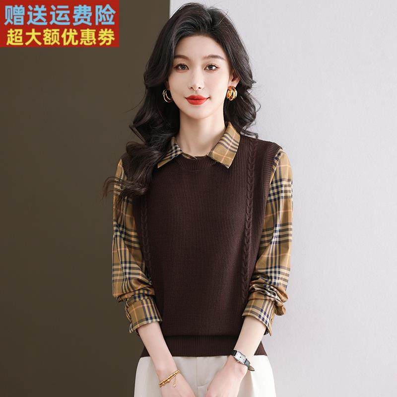 2025早春设计感长袖翻领格子衬衫女针织拼接背心宽松假两件针织衫