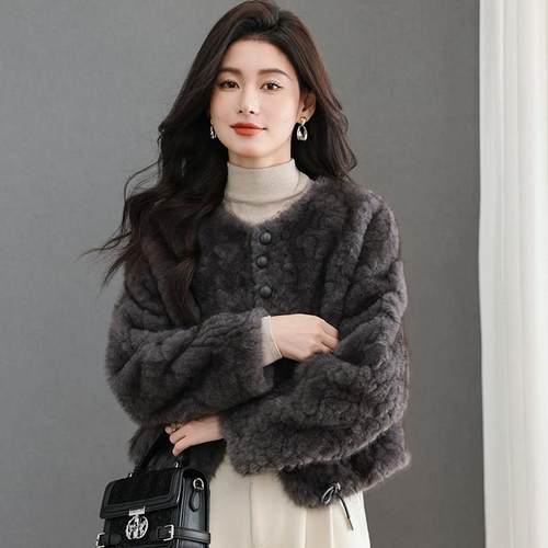 水貂绒皮草外套女开衫短款单排扣圆领宽松大码羊毛衫2025秋冬新款