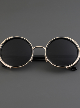 重金属圆形复古黑色墨镜女太阳镜男街拍凹造型痞帅圆框眼镜防嗮