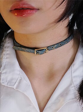 诊疗师手工定制 雾蓝洒金真皮项圈女颈环choker简约刻字情侣高级