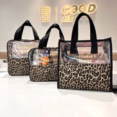 包包女新款 豹纹洗漱化妆包大容量半透明防水保温便当包旅行便携