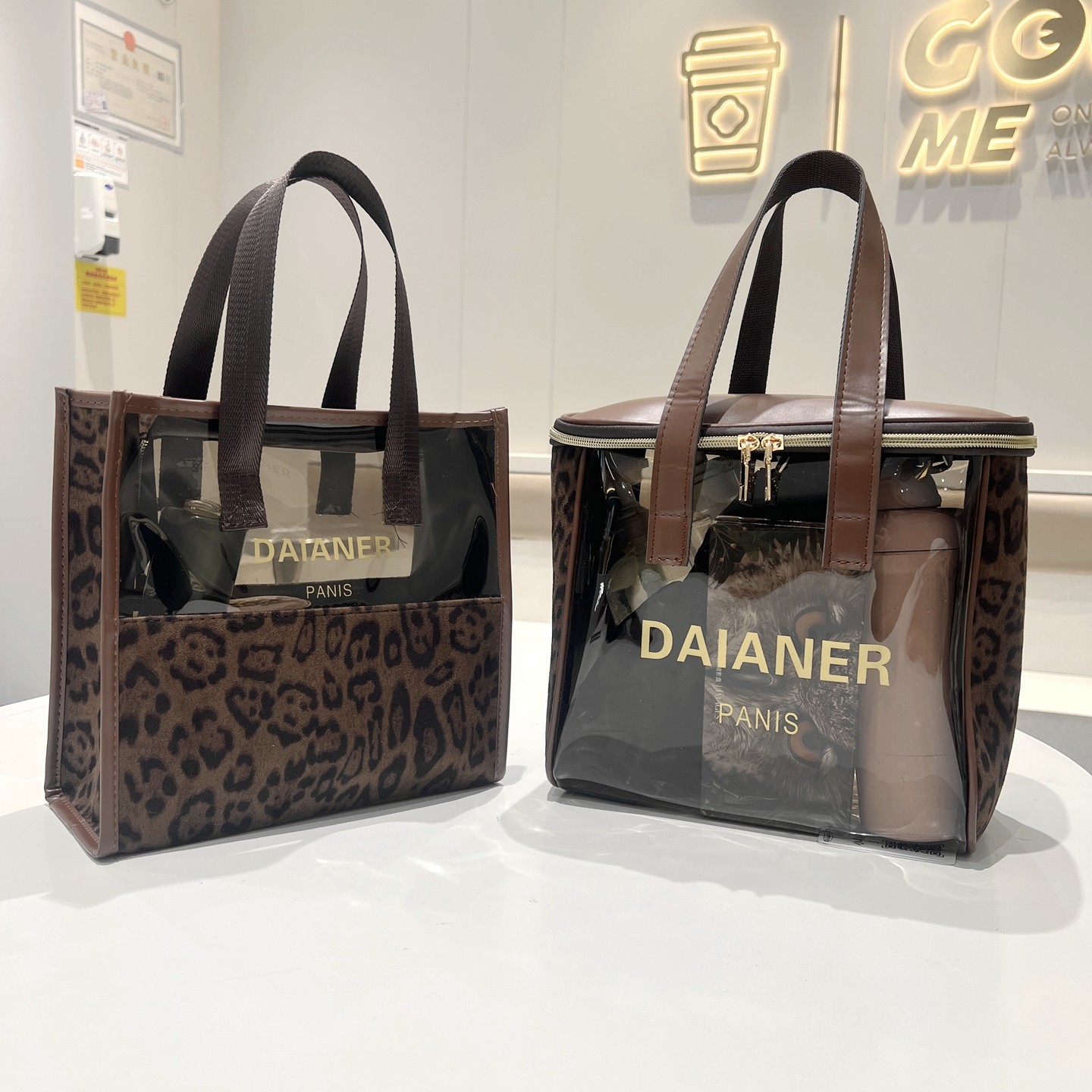 新品化妆包豹纹半透明手提大容量妈咪袋便携洗漱包拉链收纳包饭袋