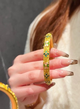 宫廷风古法沙金999烧蓝珐琅四叶螺钿花丝手镯女送老婆送妈妈礼物