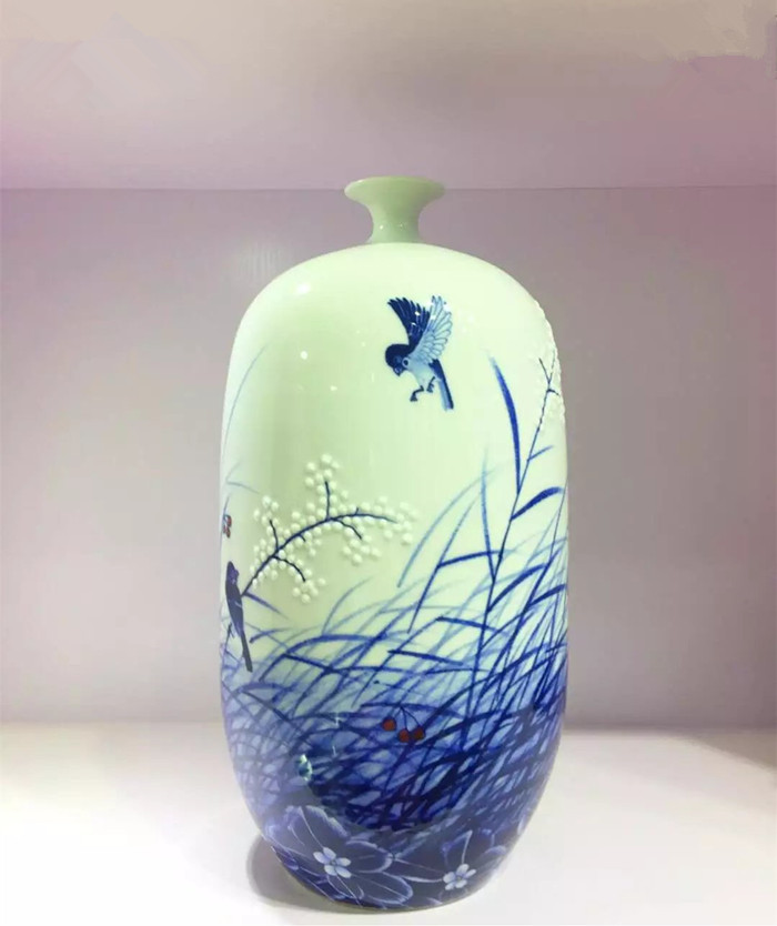 景德镇青花陶瓷花瓶全手工手绘青花芦苇梅花小鸟花瓶装饰品摆件