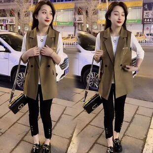 马甲女春秋新款 时尚 休闲百搭西服领后开叉贴标上衣潮 韩版 网红同款