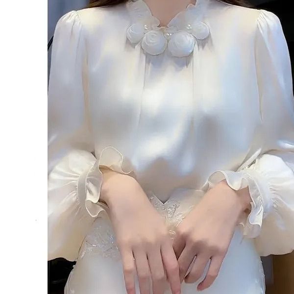 法式气质立体玫瑰纯色衬衫