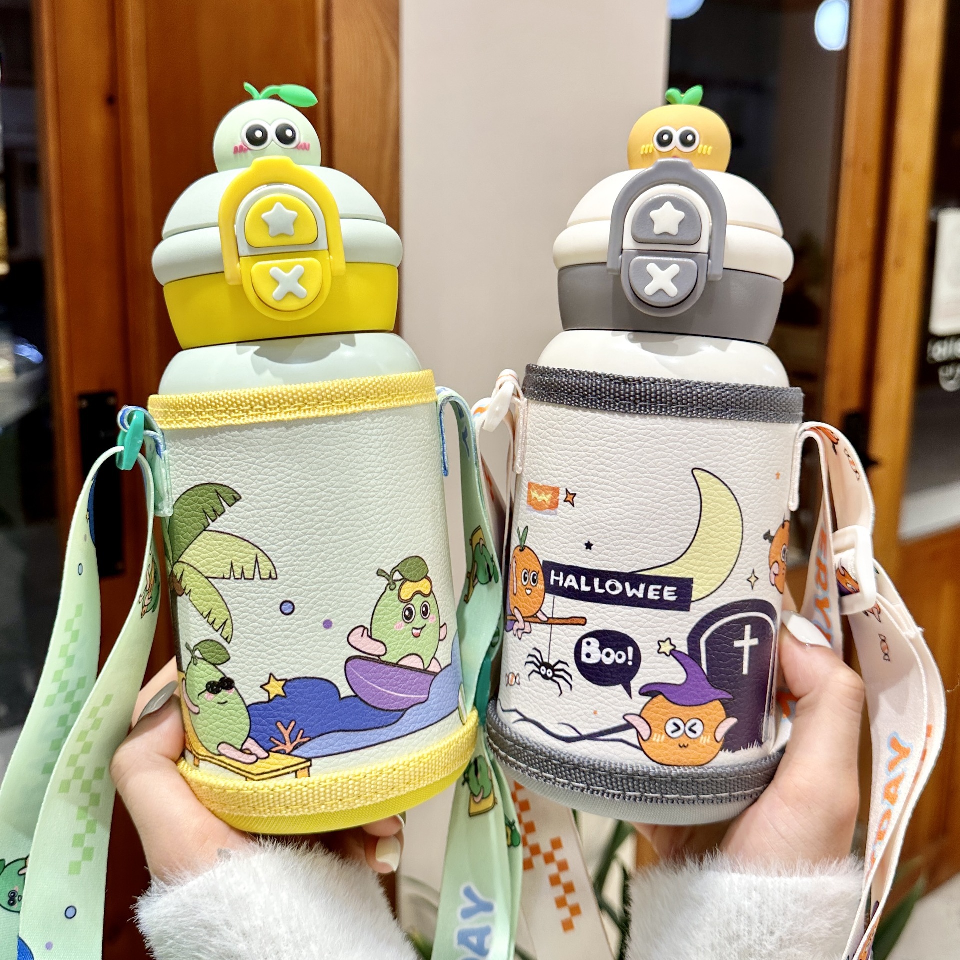 可爱小熊儿童保温杯食品级316不锈钢吸管水杯卡通动物背带水壶
