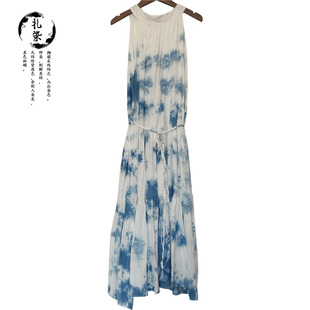 云南非遗扎染裙子吊带裙挂脖腰带纯植物板蓝根手工扎染蓝染连衣裙