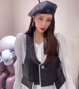 2025小香风真皮超短马甲女珍珠坎肩V领修身 皮衣绵羊皮小外搭 无袖