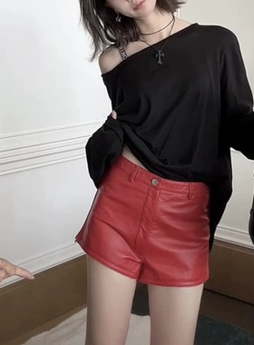 陈太同款红色真皮短裤女休闲高腰绵羊皮修身直筒皮裤靴裤热裤洋气