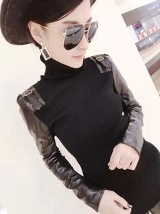 打底衫 高领毛衣毛衫 女拼皮针织衫 显瘦绵羊皮袖 修身 2025冬真皮皮袖