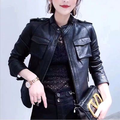 真皮机车夹克绵羊皮立领修身皮衣