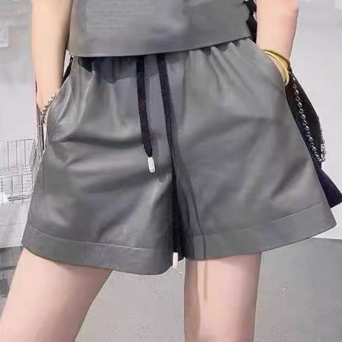 新款松紧腰抽绳真皮短裤女2025秋季百搭时尚显瘦A字休闲绵羊皮裤