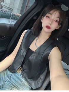 皮衣皮马夹 绵羊皮不规则V领坎肩无袖 网红同款 真皮马甲女休闲短款