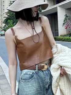 百搭绵羊皮吊带背心女短袖 时尚 真皮小上衣 新款 欧洲站2025秋季