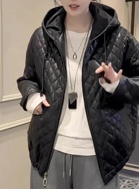 真皮连帽皮衣小个子菱形格绵羊皮宽松大码廓形百搭外套加棉夹克女