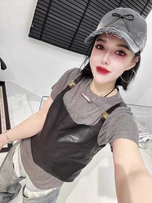 真皮绵羊皮吊带背心超短