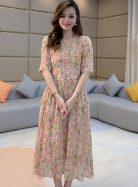 《静静心选》‘’梦幻几何‘’真丝连衣裙气质印花时尚收腰90499