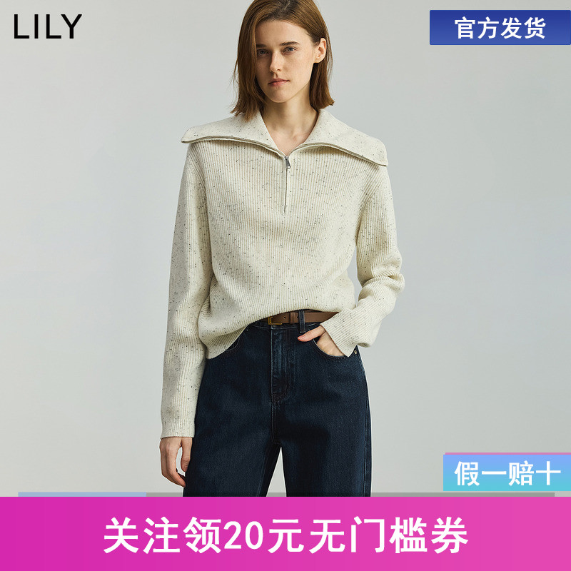 【商场同款】LILY2025秋新款女装羊毛混纺大翻领休闲米白色针织衫