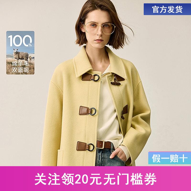 LILY冬新款女装学院风%绵羊毛牛角扣宽松百搭双面呢大衣女