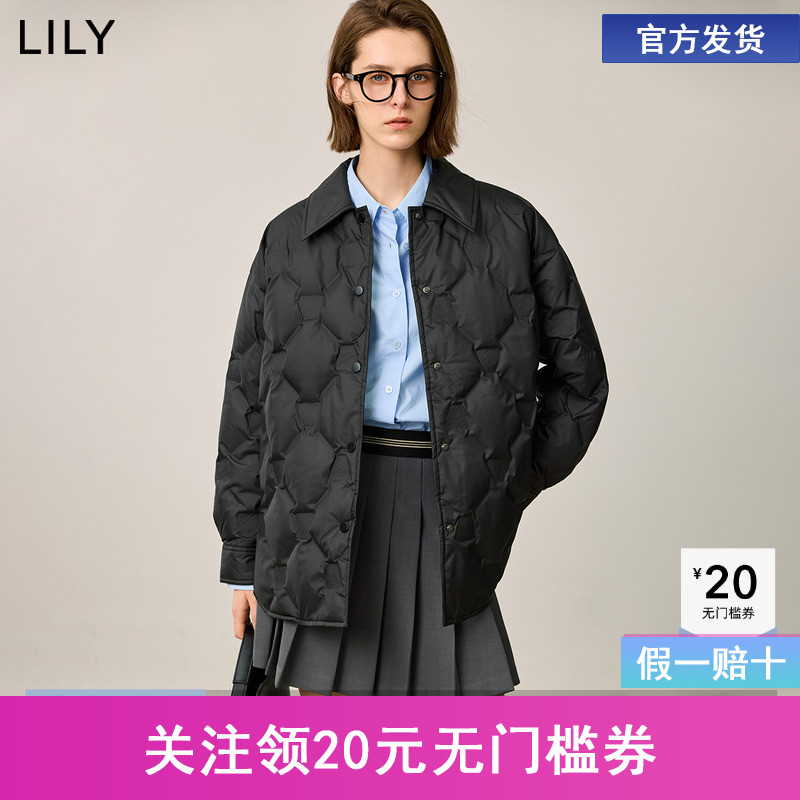LILY2025冬新款女装经典菱格纹衬衫领90鸭绒黑色羽绒服外套中长款