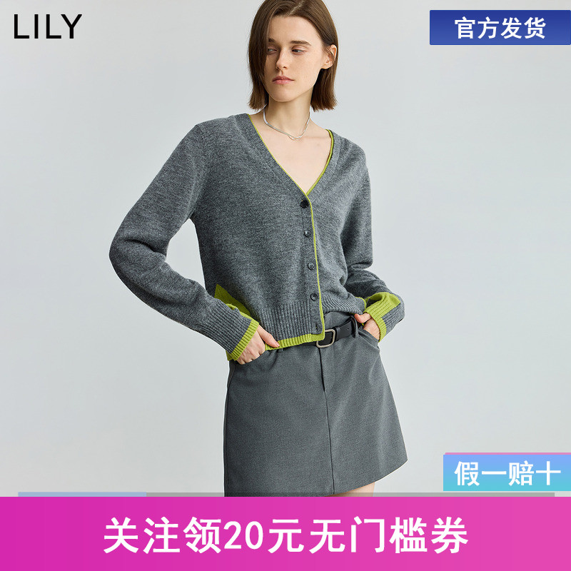 【商场同款】LILY2025秋新款女装羊毛羊驼毛混纺撞色通勤针织开衫