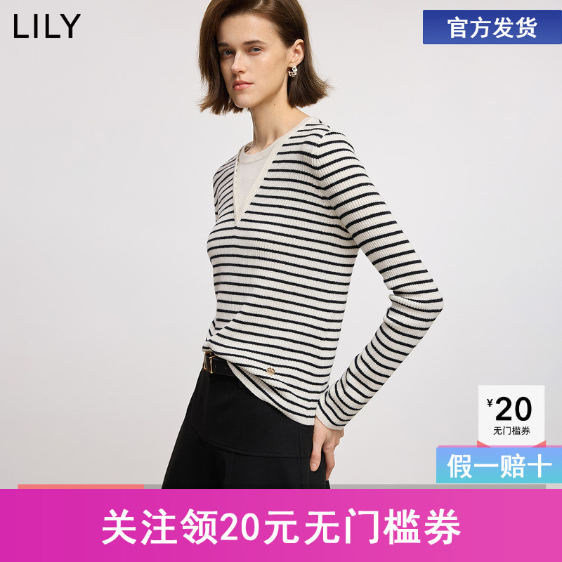 100%美丽诺羊毛LILY2025冬新款撞色条纹假两件拼接针织衫打底衫女