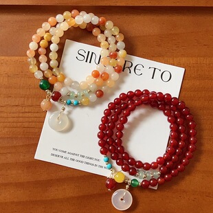 三圈天然红玛瑙金丝玉玉髓平安扣手串复古名族风多层串珠手链批发