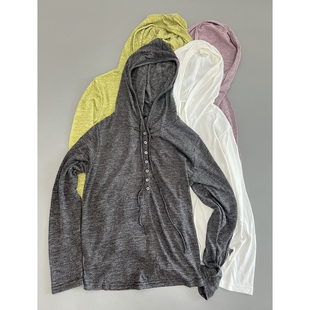 针织排扣连帽长袖T恤女春秋新款休闲百搭上衣小众打底衫防晒薄款