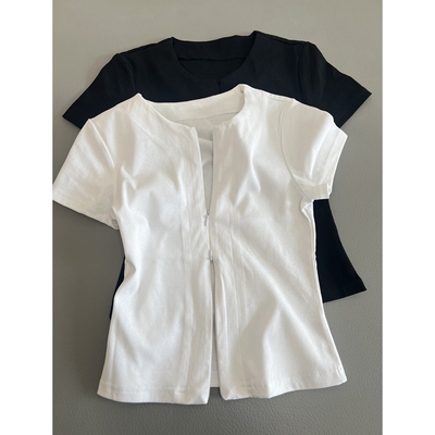 休闲风圆领双拉链短袖T恤女