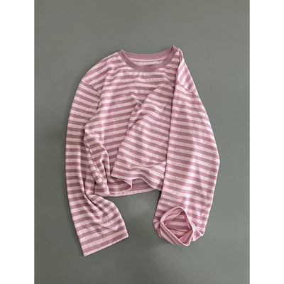 休闲风圆领条纹竹节长袖T恤女