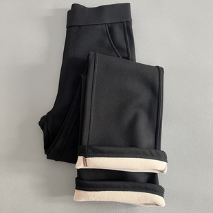 温暖百搭 一体绒超厚弹性喇叭长裤 魔力显腿长黑色加绒休闲裤 女冬季