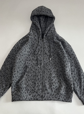 桑蚕丝豹纹连帽卫衣加绒加厚女灰色拉链开衫宽松百搭街头时髦外套