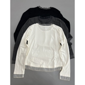 韩系简约拼接网纱长袖 T恤女士春秋新款 贴身休闲百搭显瘦打底上衣