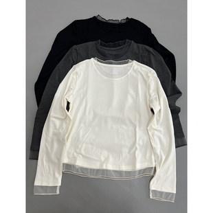 韩系简约拼接网纱长袖T恤女士春秋新款贴身休闲百搭显瘦打底上衣