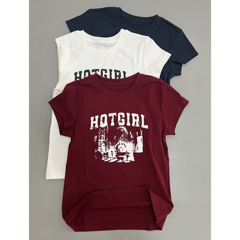 休闲风圆领印花棉短袖T恤女