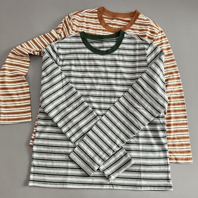 纯棉复古条纹撞色长袖T恤女