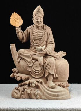 济公活佛像木雕手工精品去心香樟木整木雕刻家居装饰摆件19寸二度