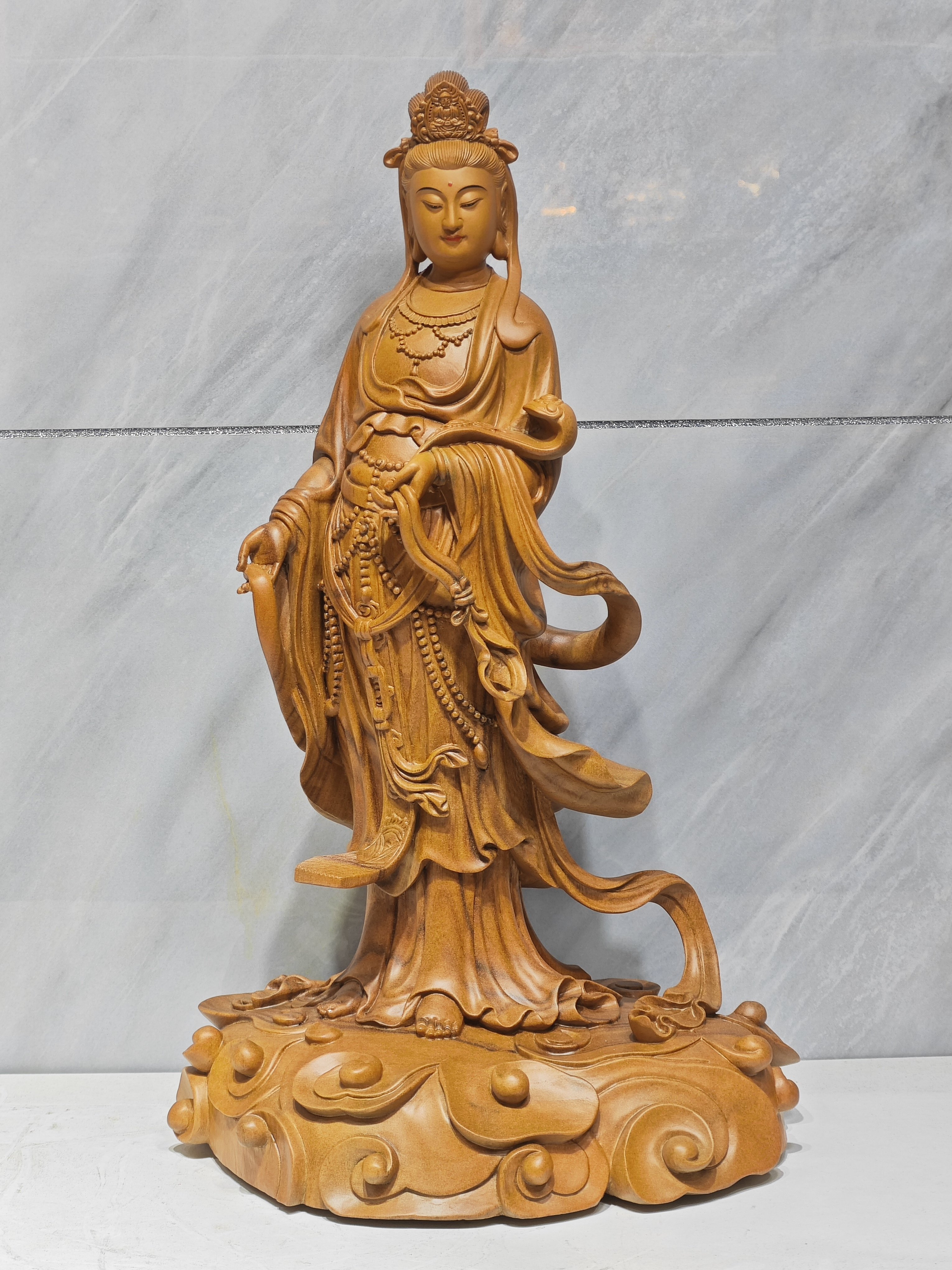 如意观音菩萨木雕佛像摆件家居玄关装饰实木雕刻精品现货19寸