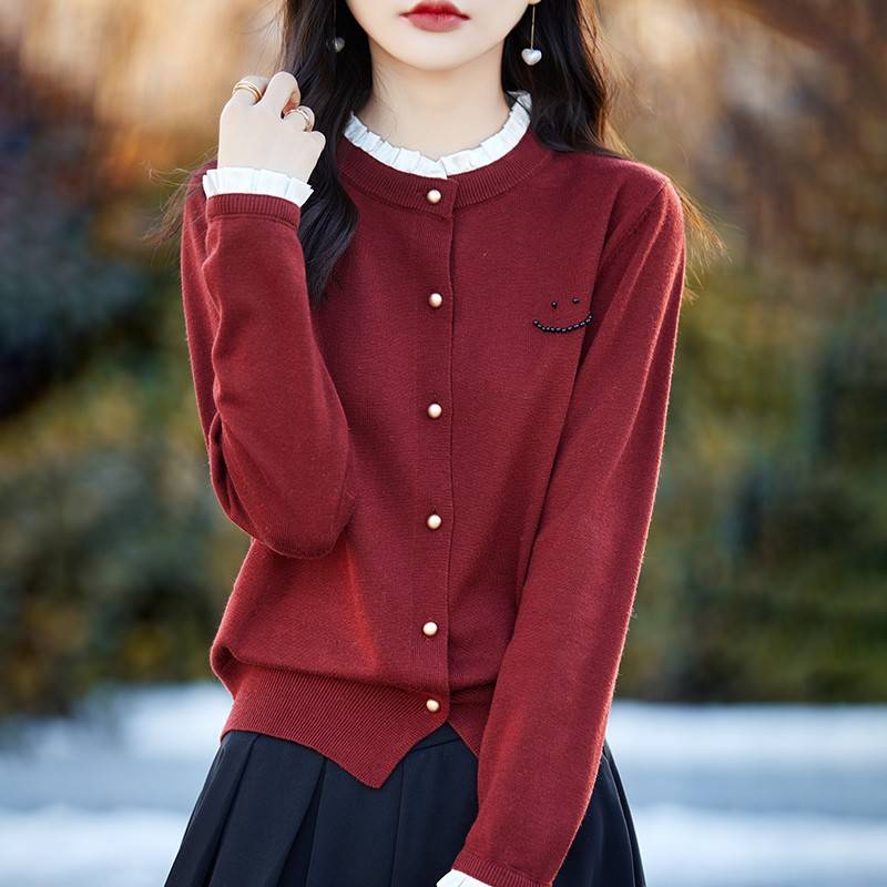 红色毛衣外套女春秋2025新款本命年蛇年衣服大码蕾丝花边针织开衫