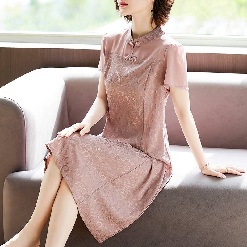 新中式妈妈夏装改良旗袍桑蚕丝连衣裙2024新款中老年女气质长裙子