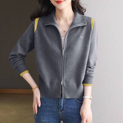 针织棒球服短款休闲开衫卫衣外套女春秋宽松翻领拉炼夹克休闲上衣