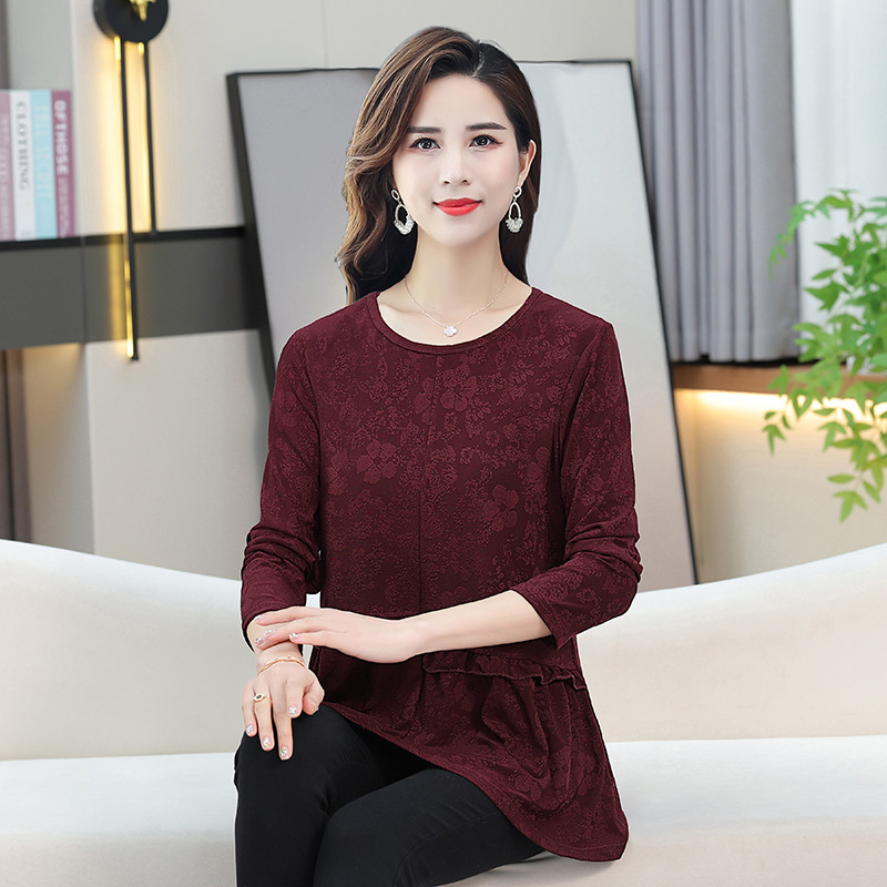 妈妈装春秋新款蕾丝衫上衣中长款大码女装遮肚子宽松显瘦洋气打底