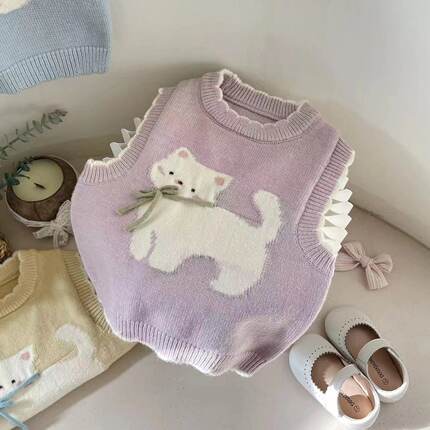 女童背心马甲中小童坎肩可爱款宝宝无袖马夹上衣儿童针织马甲猫咪