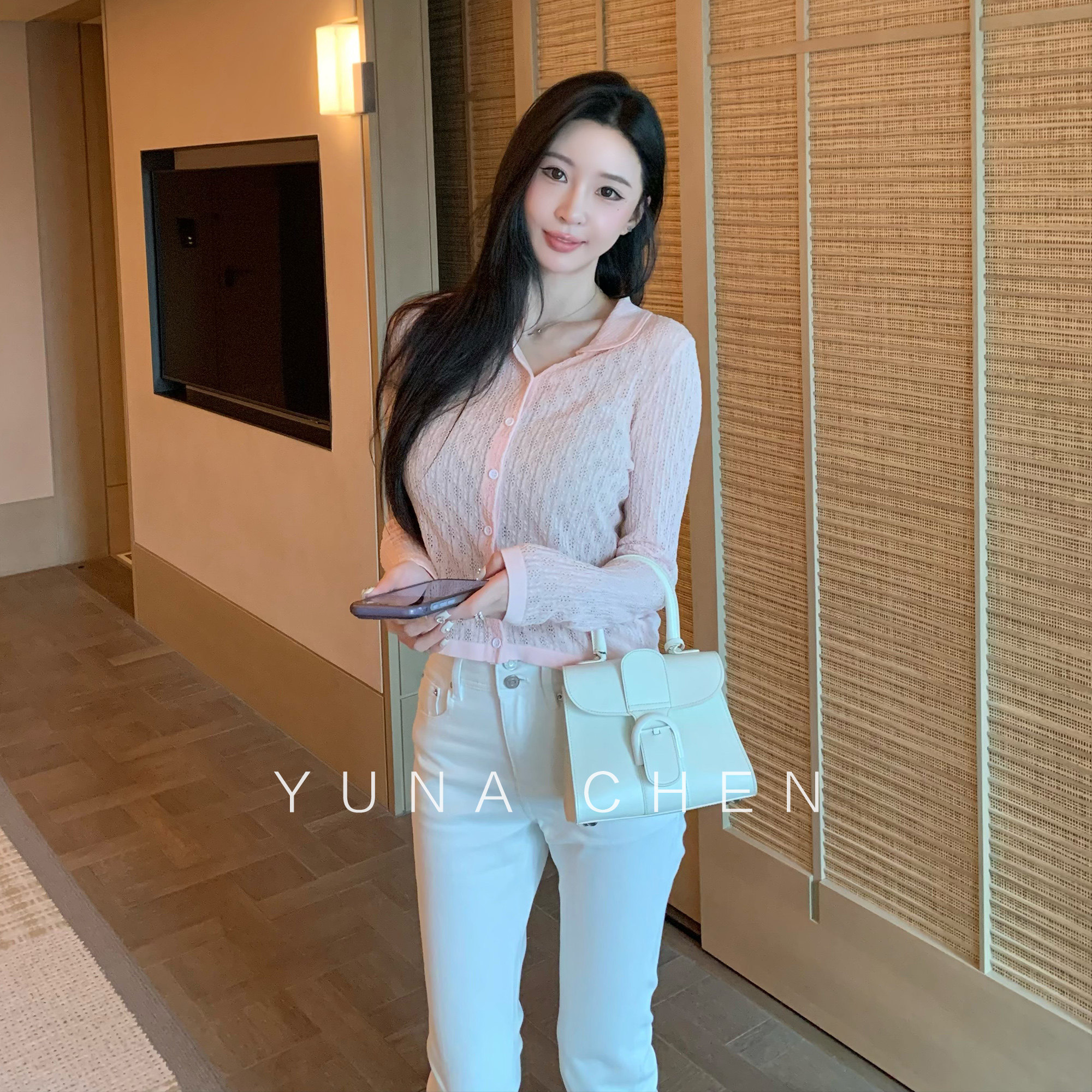 菠萝宝宝yuna【桃雾柔织】针织罩衫女夏季薄款翻领镂空粉色开衫