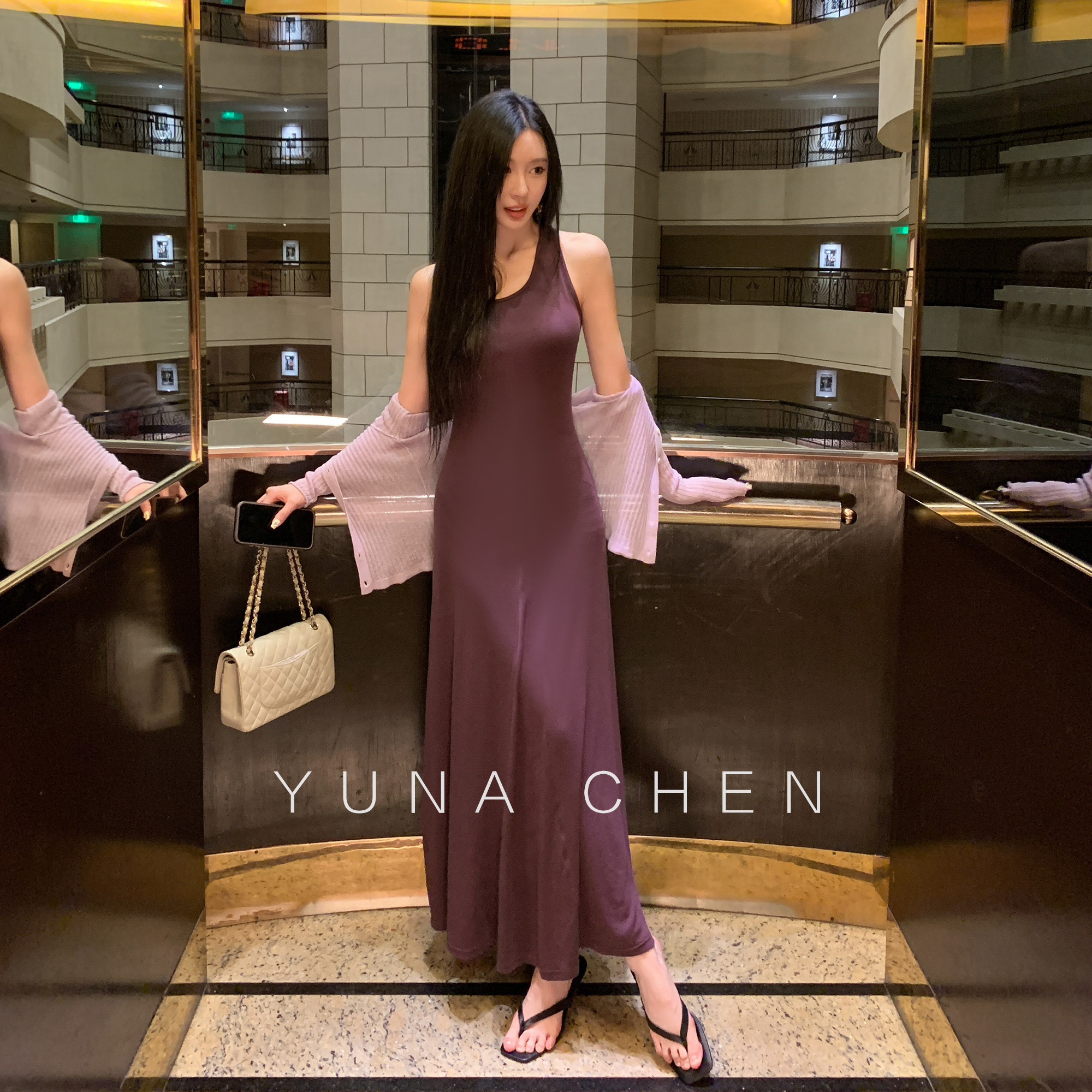 菠萝宝宝yuna【晚香玉】无袖连衣裙紫色天丝毛亲肤后开叉无袖裙子